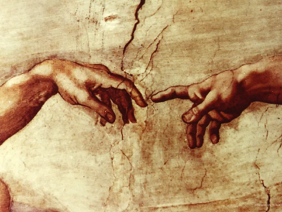Photo of the Creation of Adam, the most famous work of Michelangelo, the Italian painter and architect