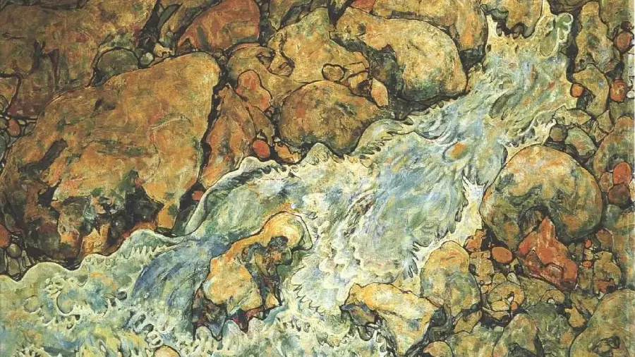 Photo of a painting of river water and stone by Egon Schiele