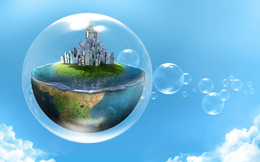 A beautiful background of the sky and a small city in a bubble and the earth