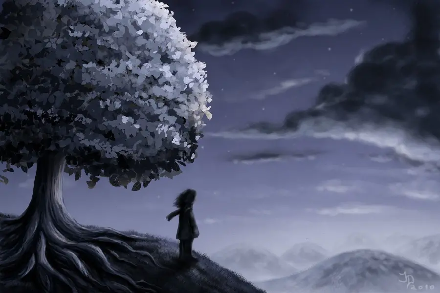 Black and white profile picture of a lonely man next to Leafy tree 
