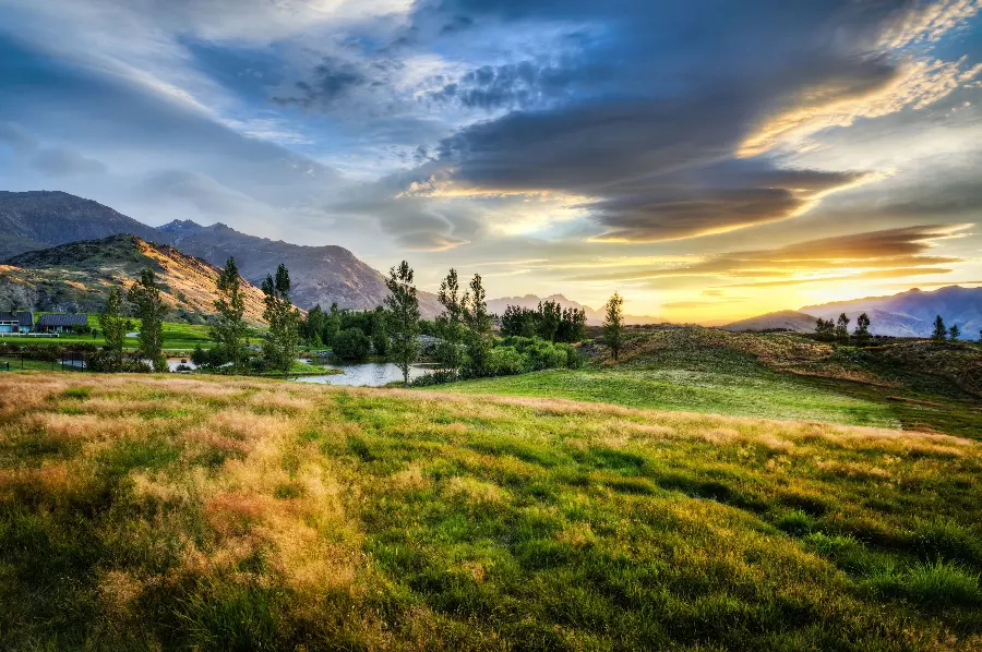 Natural landscape background photo of a village with a dreamy sky 