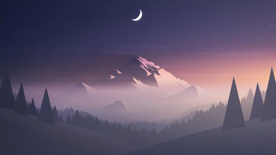 Stock image of crescent moon in the night sky of mountains and forest in minimalist style