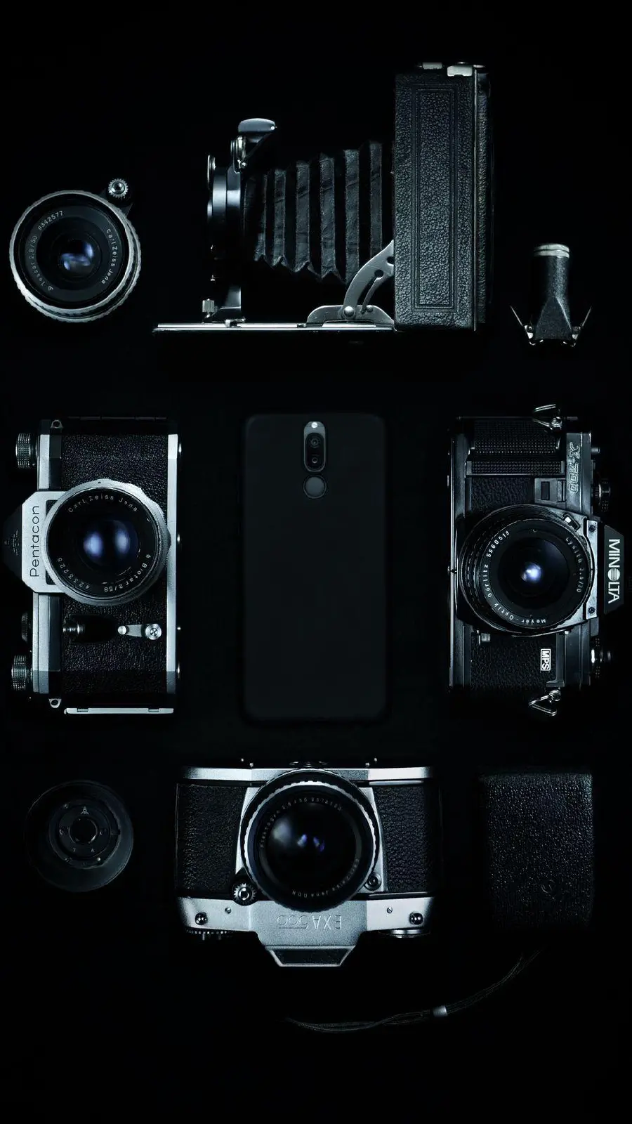 Photos of different models of cameras with a black background suitable for profiles and backgrounds