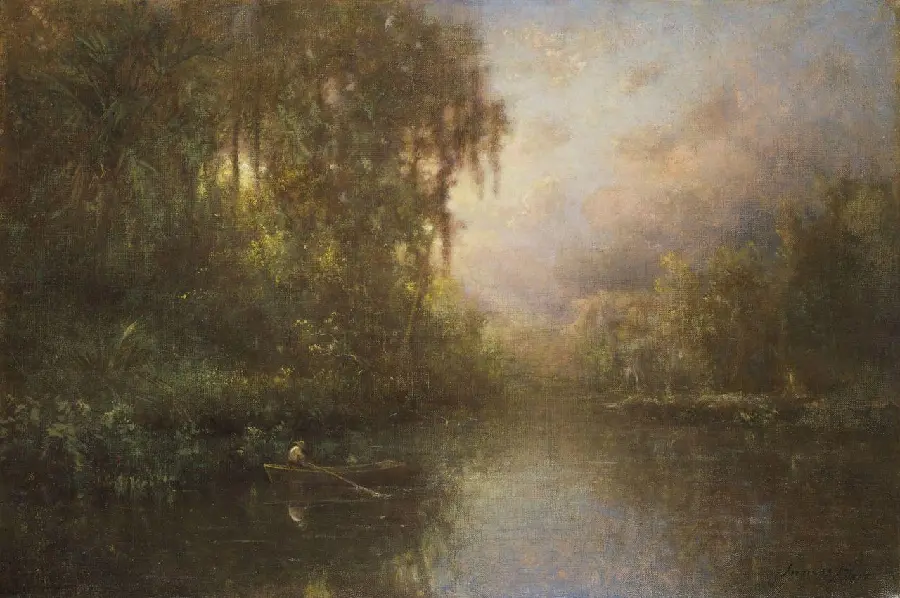 Wallpaper of a man in a boat in a romanticism painting in good quality
