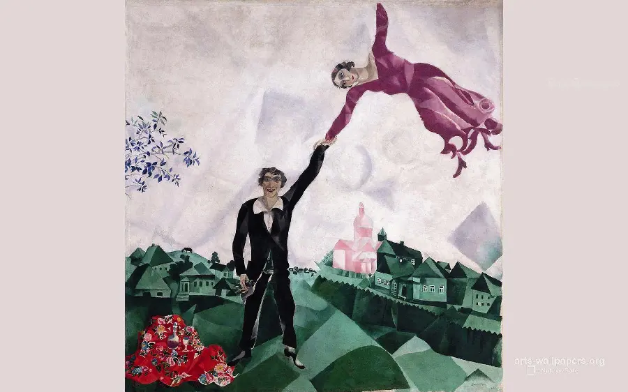 A picture of Marc Chagall's work of a suspended woman holding a man's hand 