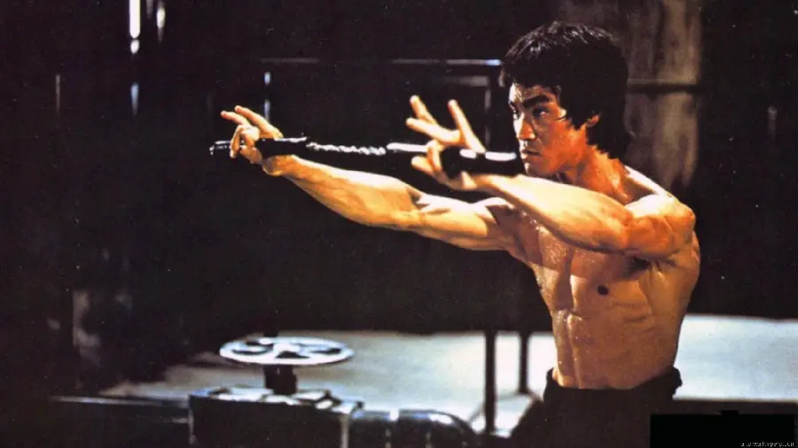 Photo taken of Bruce Lee during martial arts moves 