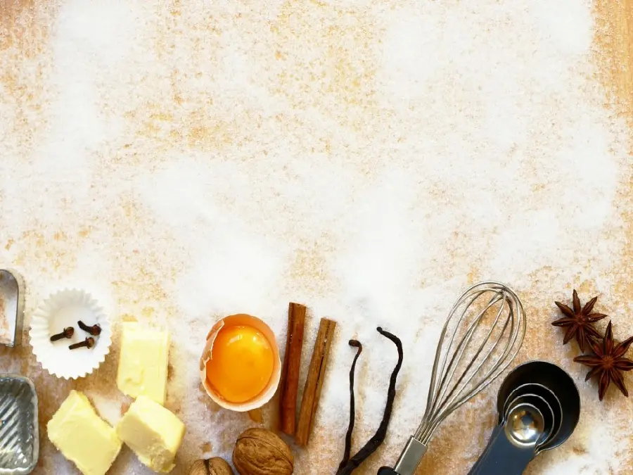 Simple background with photos of baking utensils, cakes and desserts