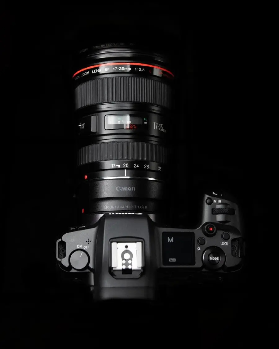 Background design of adjustable control rings on the Canon EOS R camera and adjusting the aperture, shutter speed and ISO or exposure compensation