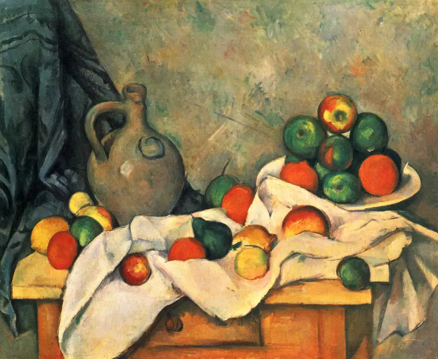Stock painting of curtains and jars and fruit from a painting by Paul Cezanne