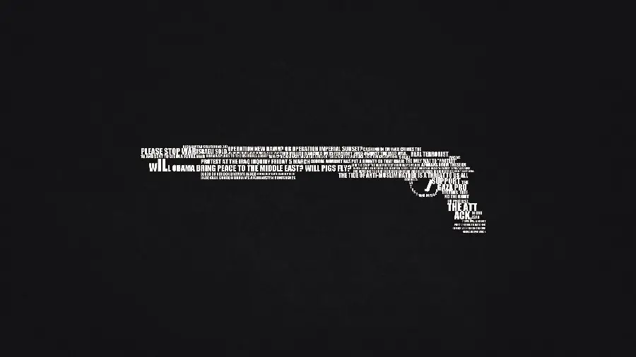 Creative background of writings arranged in the shape of a gun in minimalist style