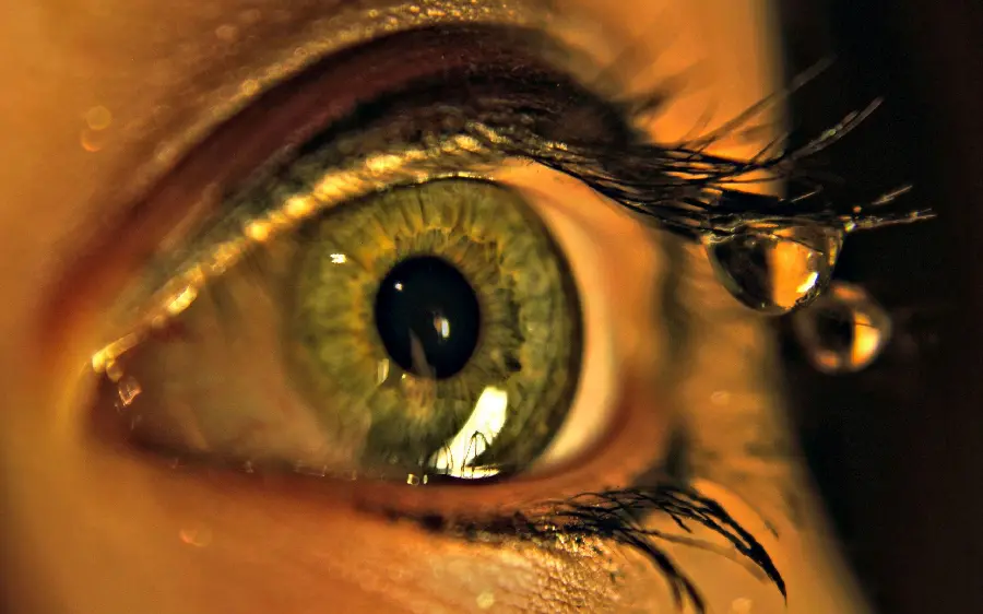 Stock image of a crying green eye with long and special eyelashes