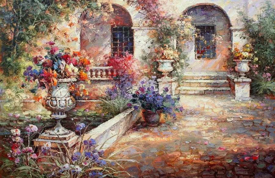 A very cool and beautiful painting of the interior and exterior of the building 