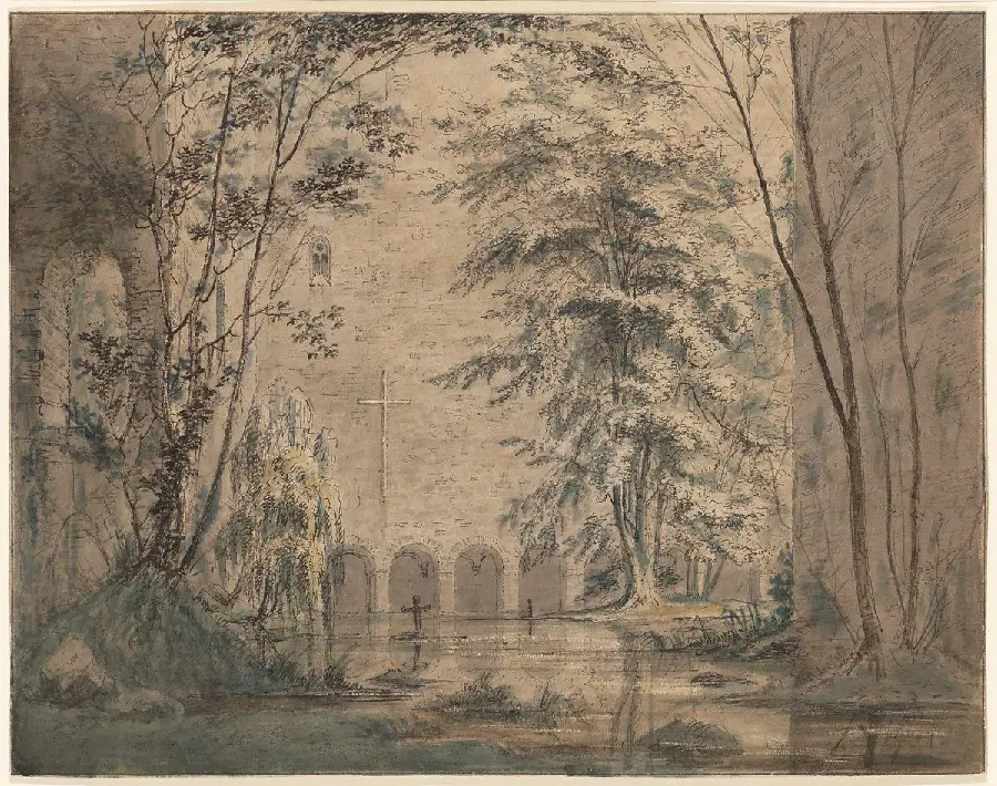 A photo of an old and one-color painting in the romantic style