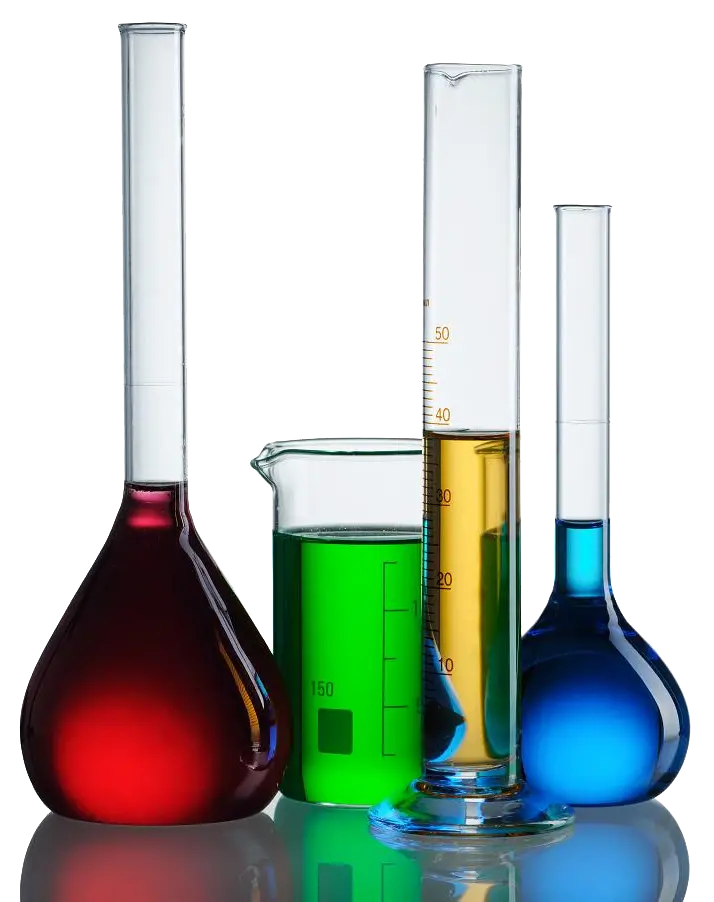 Download real photo of various types of laboratory glassware with different colors 