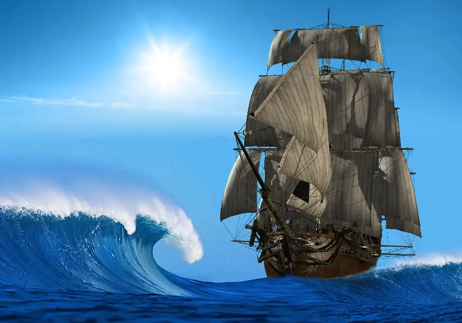 New and popular background of a ship in the sea with waves 
