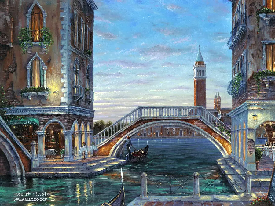 Photo of a masterpiece painting in the Romanticism style of the bridge and houses of Venice