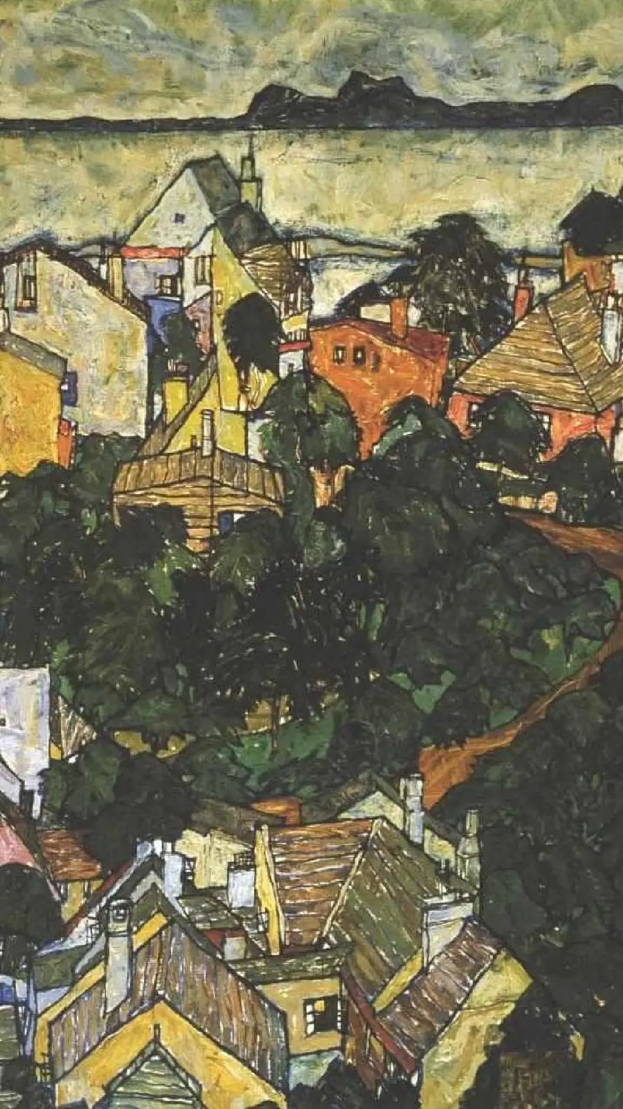 A painting of the summer landscape of Kromau by Egon Schiele