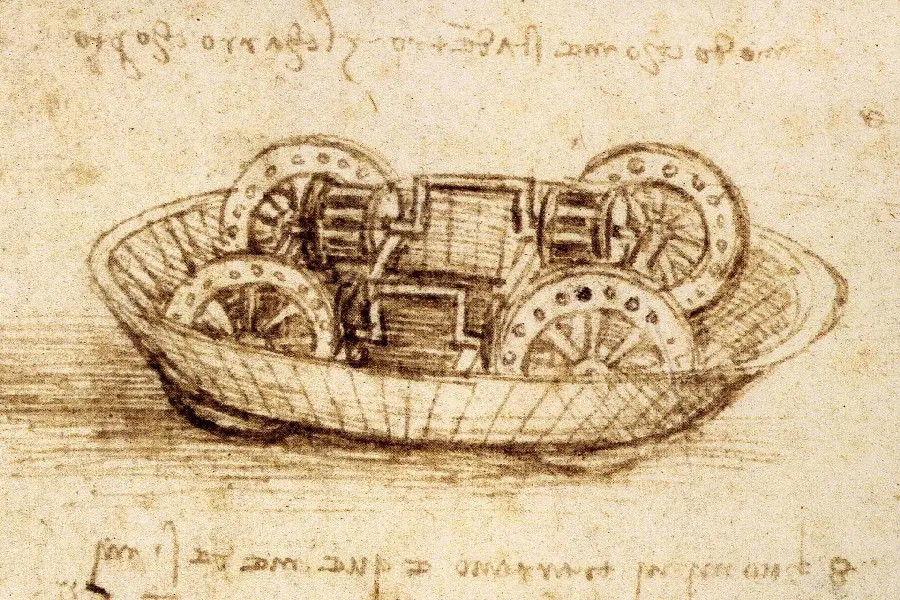 Photo of the original design and drawing of the invention of the engine by Leonardo da Vinci
