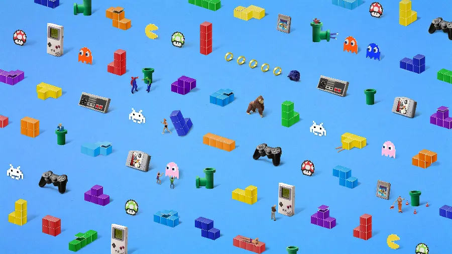 Download wallpaper of computer game design and Atari and PS crowded 