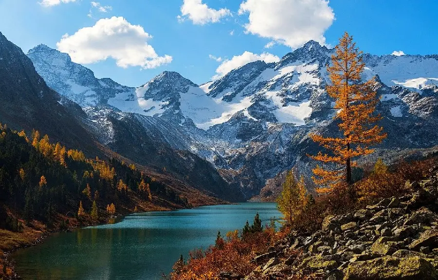 Download free and high-quality background of a lake by the mountain and the autumn season
