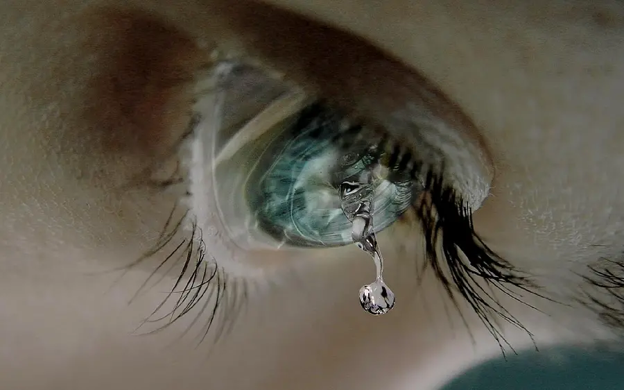 Photo of a crying blue eye with long and thick black eyelashes 