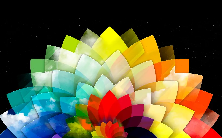 Colorful and rainbow geometric flower image with a black background