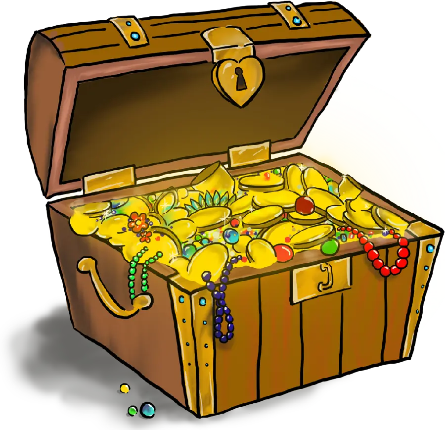 The most special graphic image and computer painting of a pirate treasure chest full of coins and jewelry