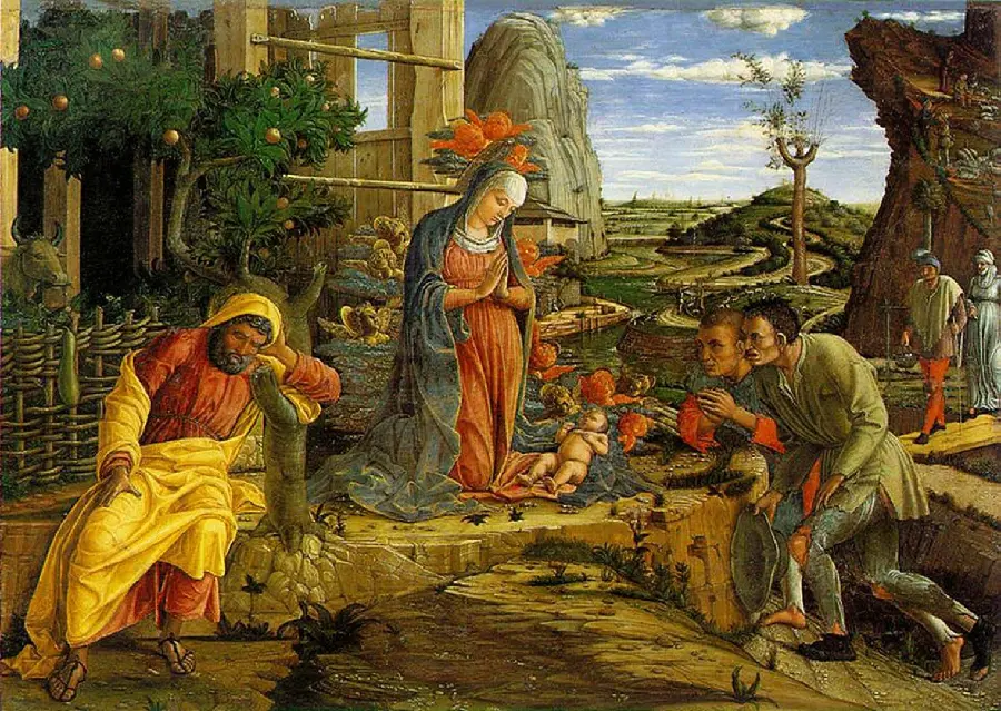Painting Adoration of the Shepherds Painting by Andrea Mantegna, Northern Italian Renaissance artist to the 20th century 1450-1451