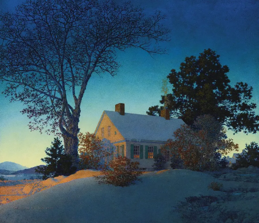 Maxfield Parrish's painting photo of a cabin in the trees for desktop background 