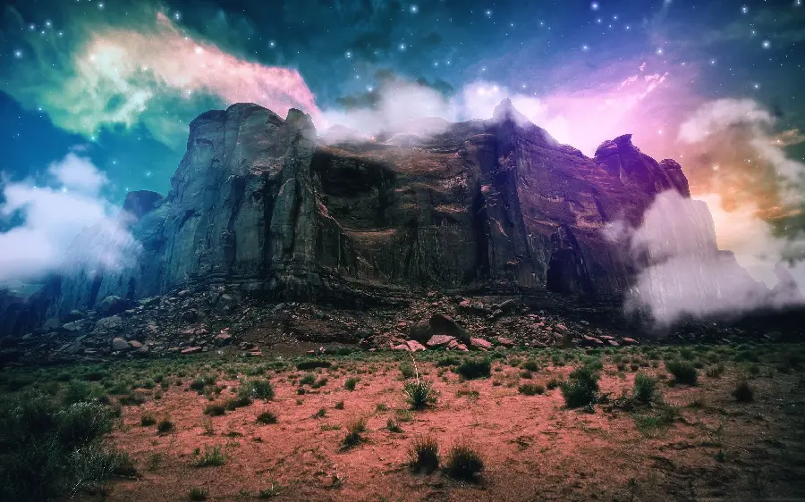 Wallpaper photo of rocks on the mountain and the starry sky 