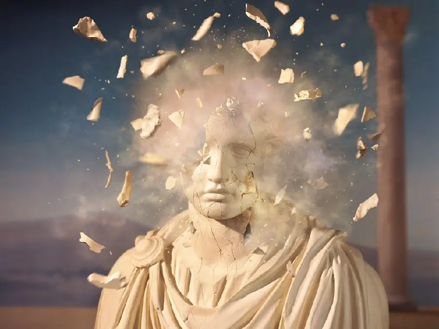 Renaissance painting with a conceptual and artistic theme of a statue crumbling