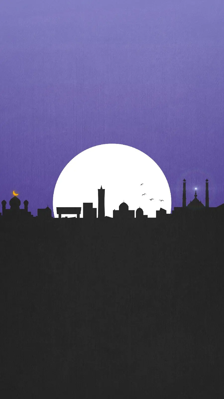 Minimalist wallpaper with a cool purple cityscape and the moon in the sky