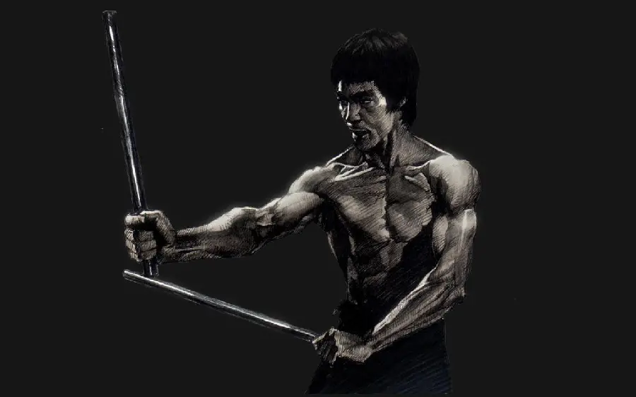 Black and white image of Bruce Lee, martial artist and professional actor 