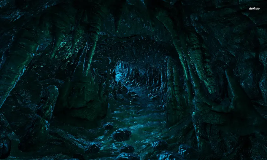 Fantasy dark cave wallpaper with tiny blue lights for free download 