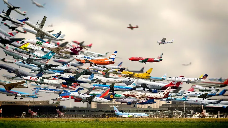 Fantasy story image of airplane and air traffic at airport