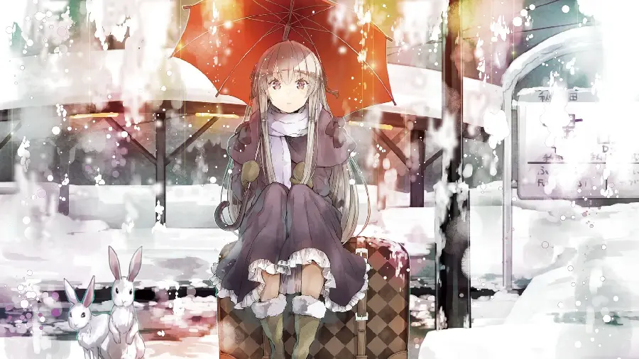 High quality anime girly background with a snow umbrella design