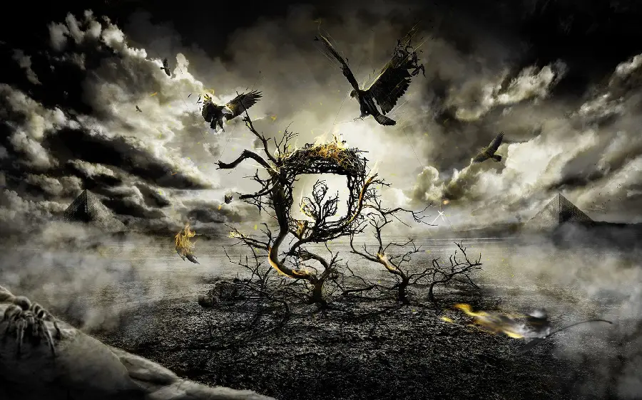 Abstract Artistic Portrait Image of Bare Brown Tree on Fire and Birds Flying Under Dark Clouds