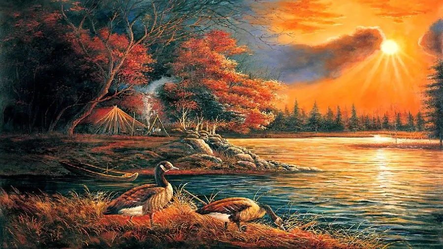 Photo of a painting of a sunset at a camp on the lake with a stunning view 