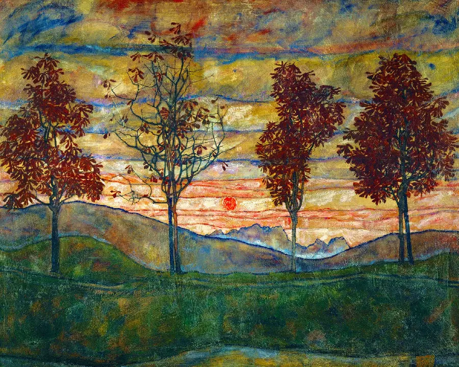 Picture of a painting of a natural landscape of four trees from the works of Egon Schiele