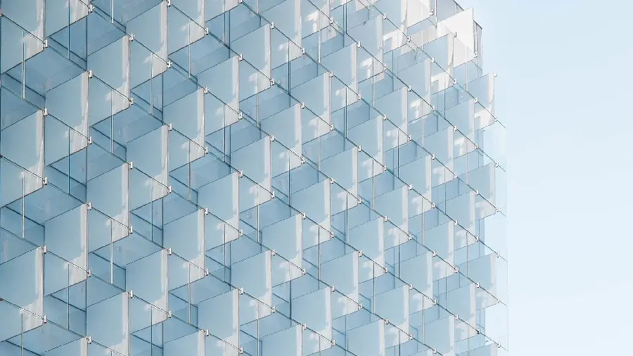 Glass facade of beautiful windows Modern buildings interconnected