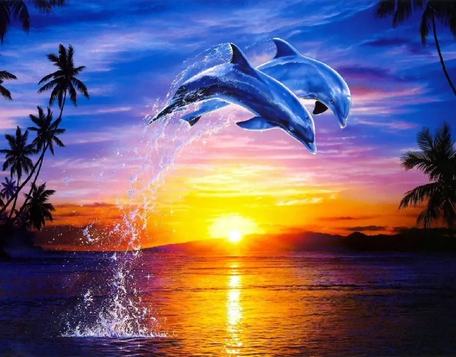 Painting Image Digital image of beautiful dolphins jumping