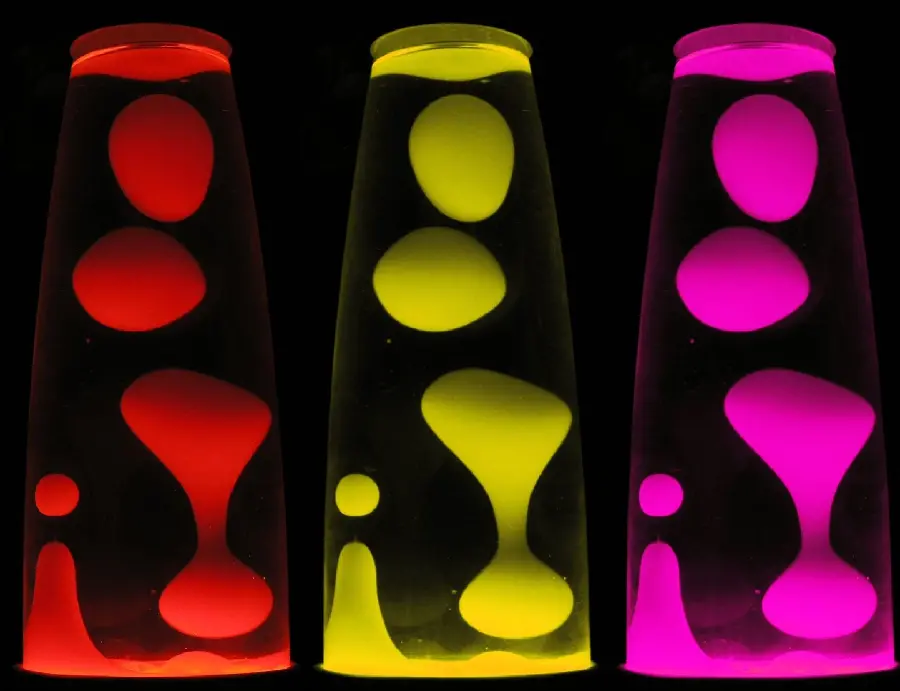 Stock image of a chain of red, yellow and pink lava lamps