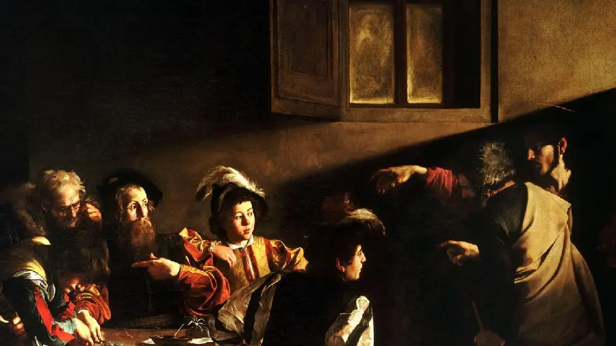 Photo of the painting of the artwork called the Calling of Saint Matthew by Caravaggio