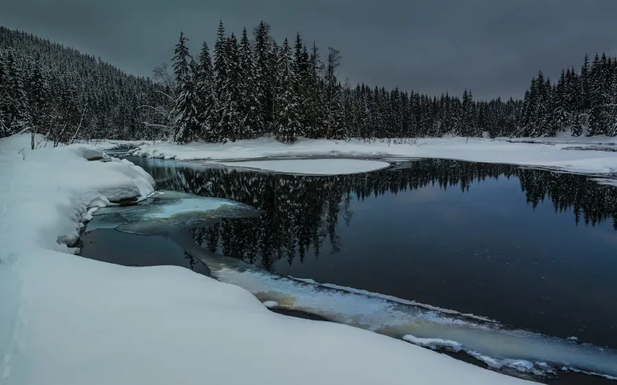 Fantasy and pure wallpaper of snowy landscape and icy lake of nature
