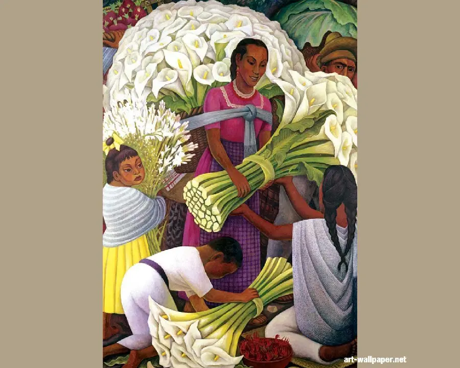 Photo of painting of preparing flowers for ceremonies by Diego Rivera's artwork
