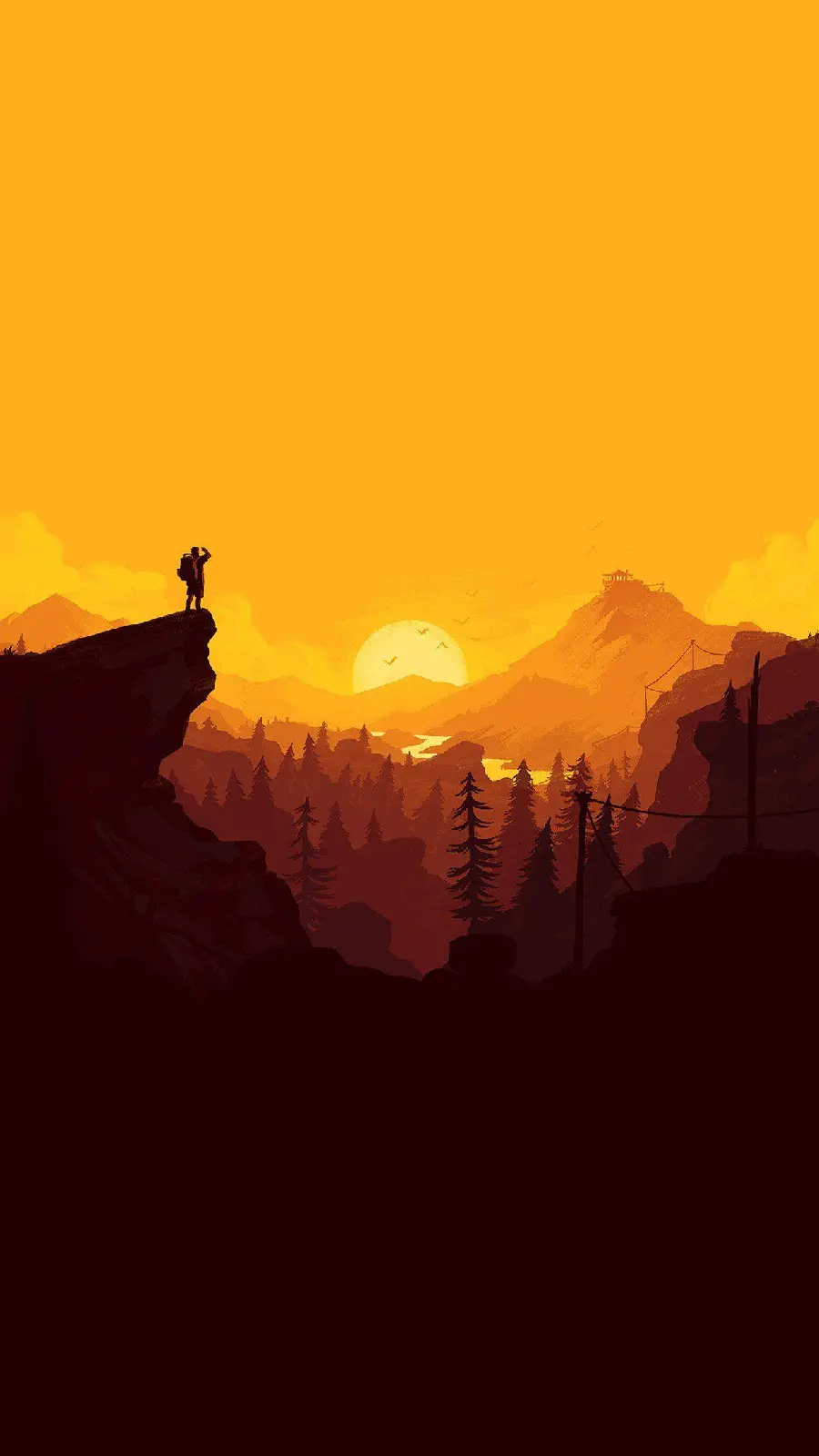 Graphic wallpaper Minimal sunset and cliff and forest landscape 