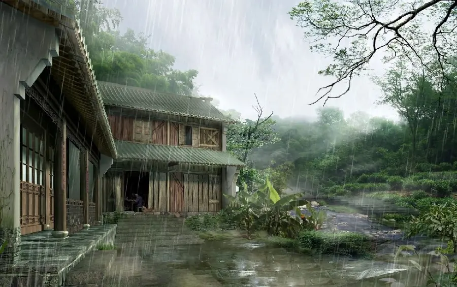 Cartoon photo of East Asian barn during heavy rain