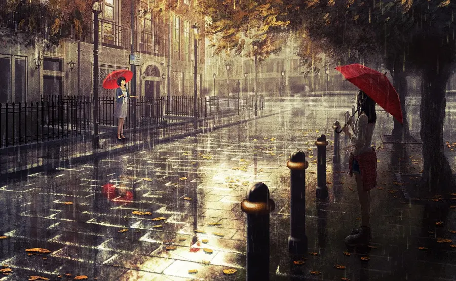 Download free and high-quality profile picture and background of a rainy landscape with red umbrellas