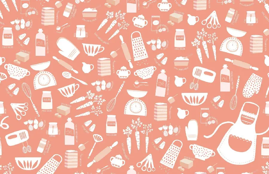 Special and stylish background and wallpaper, a busy design of baking utensils, cakes and desserts 