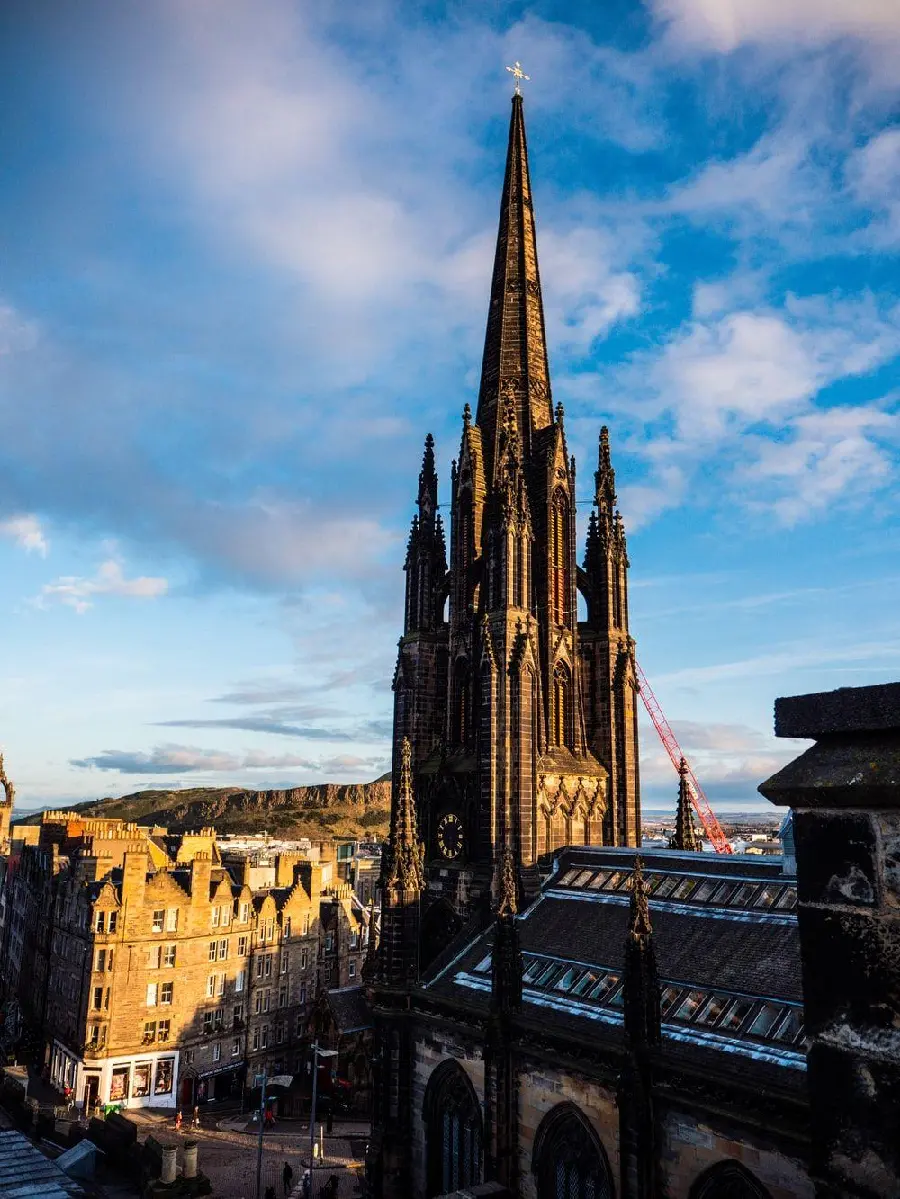 Gothic architecture background from a distance in the form of a tall mobile and skyscrapers